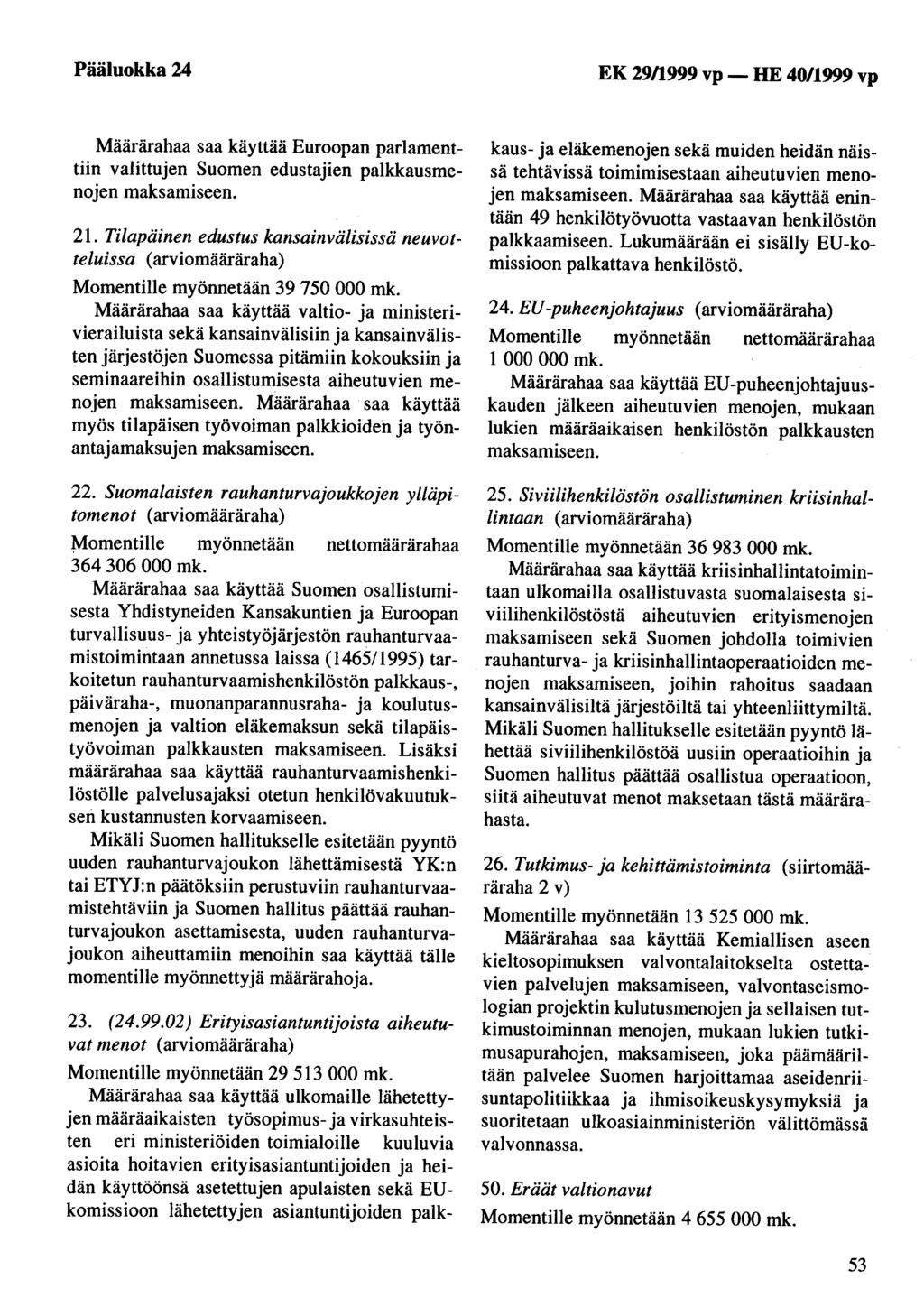Pääluokka 24 EK 29/1999 vp - HE 40/1999 vp Määrärahaa saa käyttää Euroopan parlamenttiin valittujen Suomen edustajien palkkausmenojen maksamiseen. 21.