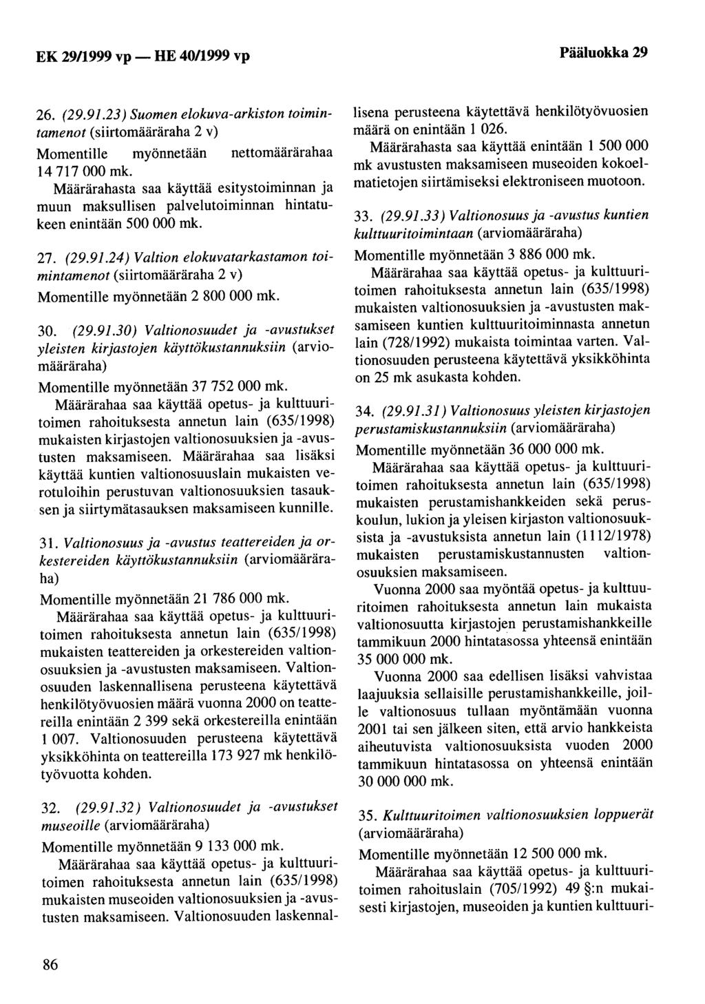 EK 29/1999 vp -HE 40/1999 vp Pääluokka 29 26. (29.91.23) Suomen elokuva-arkiston toimintamenot (siirtomääräraha 2 v) 14 717 000 mk.