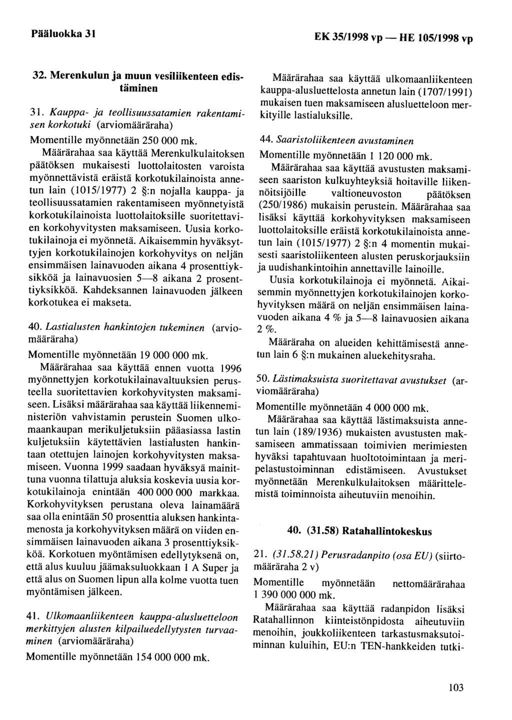 Pääluokka 31 EK 35/1998 vp- HE 105/1998 vp 32. Merenkulun ja muun vesiliikenteen edistäminen 31. Kauppa- ja teollisuussatamien rakentamisen korkotuki (arviomääräraha) Momentille myönnetään 250 000 mk.