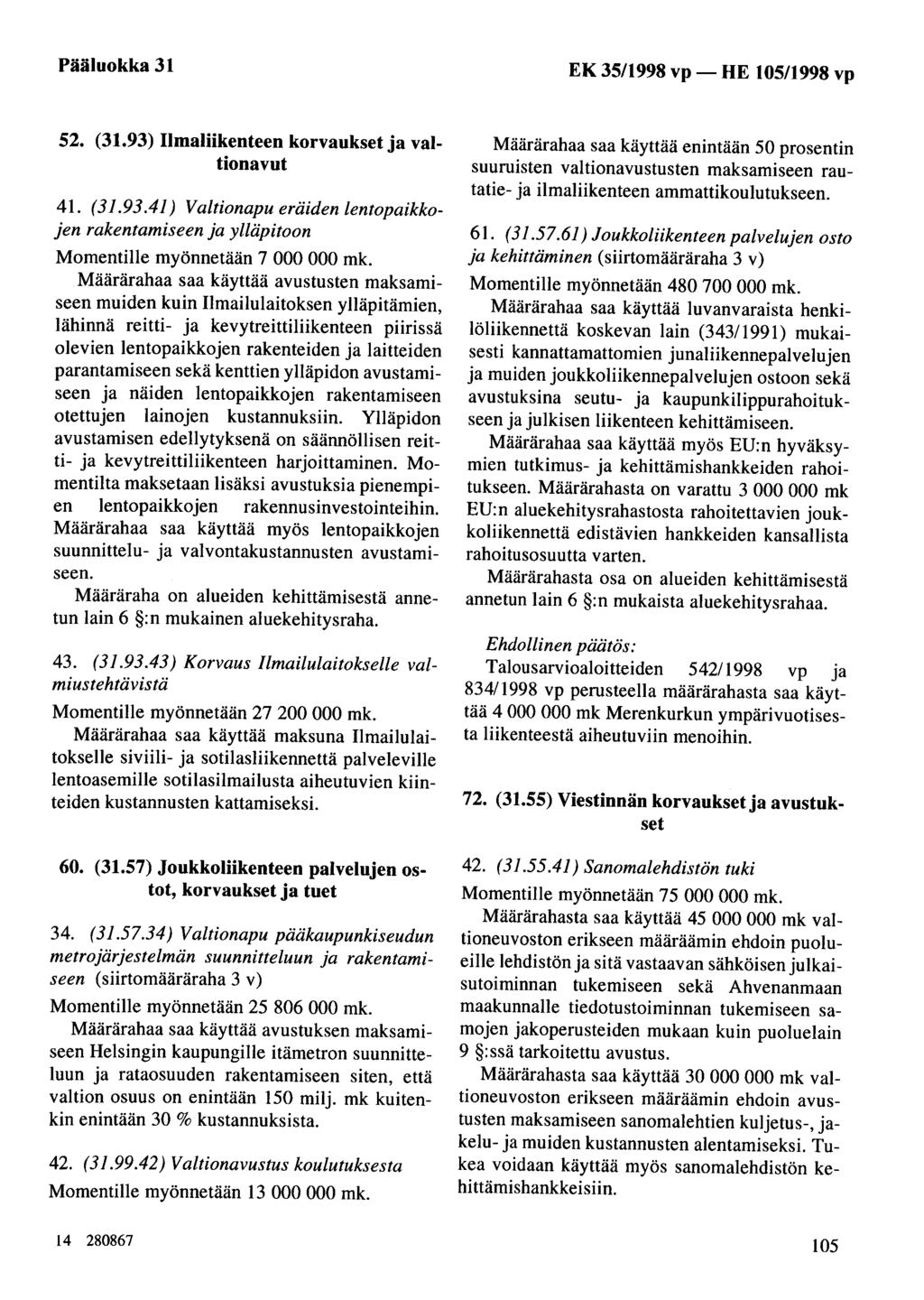Pääluokka 31 EK 35/1998 vp- HE 105/1998 vp 52. (31.93) Ilmaliikenteen korvaukset ja valtionavut 41. ( 31.93.41) Valtionapu eräiden lentopaikkojen rakentamiseen ja ylläpitoon Momentille myönnetään 7 000 000 mk.