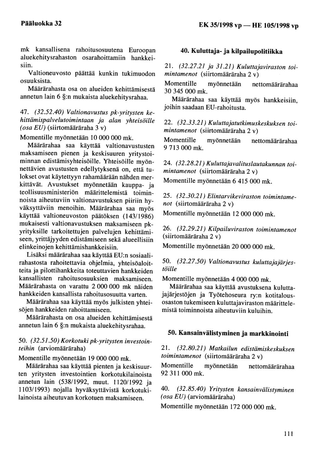 Pääluokka 32 EK 35/1998 vp- HE 105/1998 vp mk kansallisena rahoitusosuutena Euroopan aluekehitysrahaston osarahoittamiin hankkeisiin. Valtioneuvosto päättää kunkin tukimuodon osuuksista.