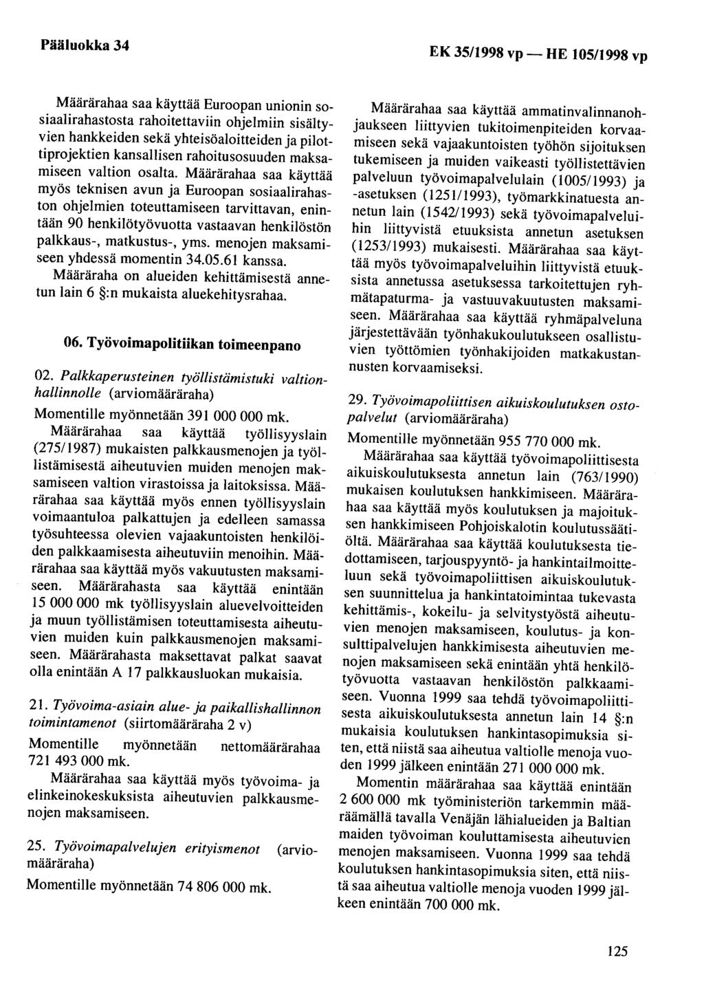 Pääluokka 34 EK 35/1998 vp- HE 105/1998 vp Määrärahaa saa käyttää Euroopan unionin sosiaalirahastosta rahoitettaviin ohjelmiin sisältyvien hankkeiden sekä yhteisöaloitteiden ja pilottiprojektien