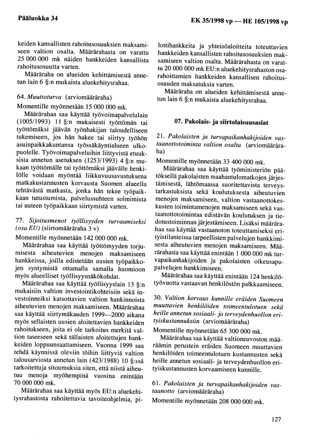 Pääluokka 34 EK 35/1998 vp- HE 105/1998 vp keiden kansallisten rahoitusosuuksien maksamiseen valtion osalta. Määrärahasta on varattu 25 000 000 mk näiden hankkeiden kansallista rahoitusosuutta varten.