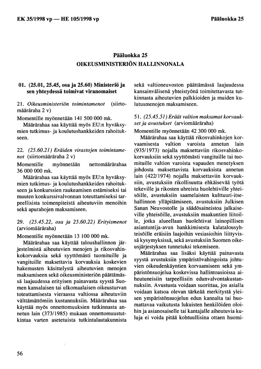 Pääluokka 25 Pääluokka 25 OIKEUSMINISTERIÖN HALLINNONALA Ol. (25.01, 25.45, osa ja 25.60) Ministeriö ja sen yhteydessä toimivat viranomaiset 21.