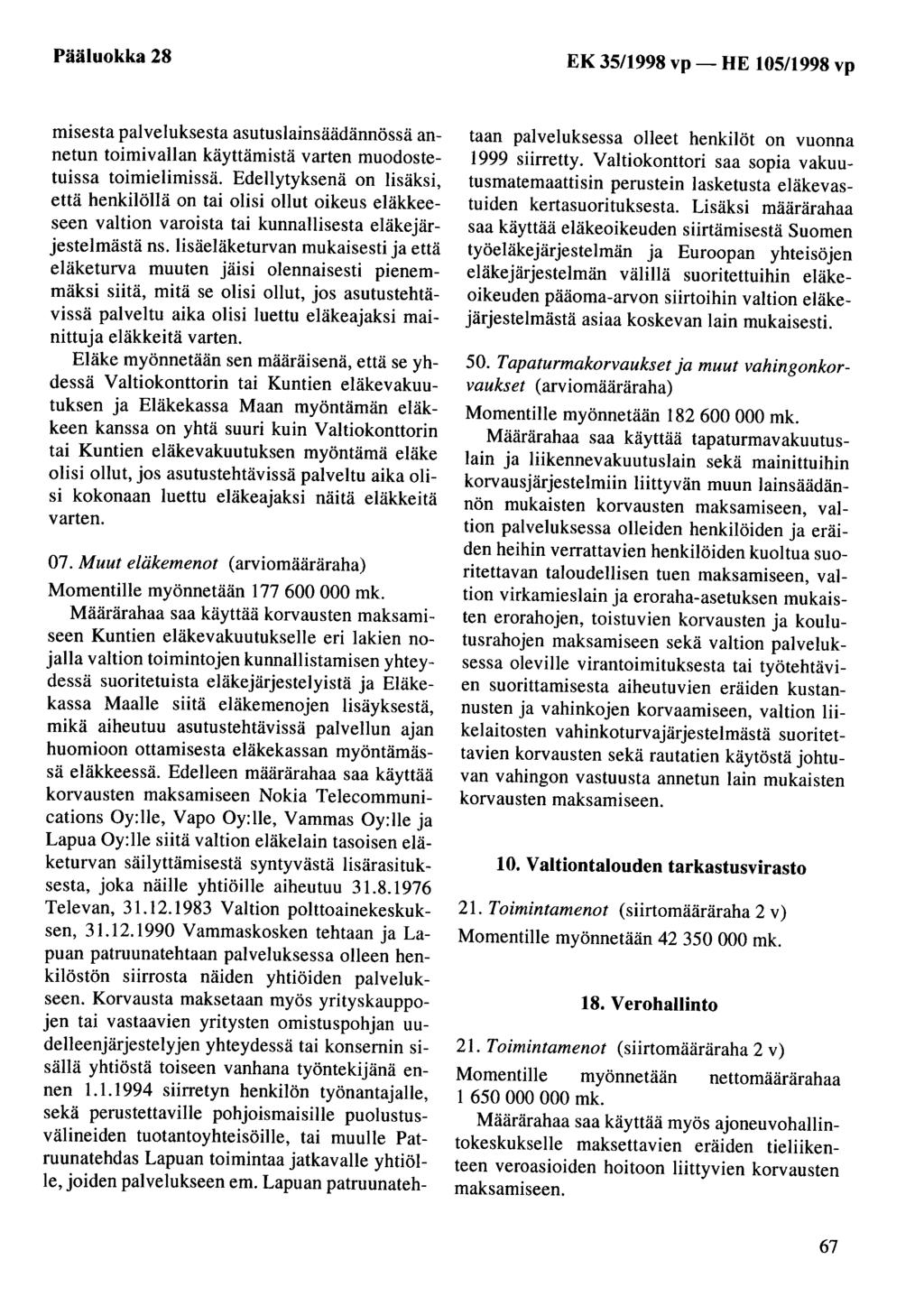 Pääluokka 28 EK 35/1998 vp- HE 105/1998 vp misesta palveluksesta asutuslainsäädännössä annetun toimivallan käyttämistä varten muodostetuissa toimielimissä.