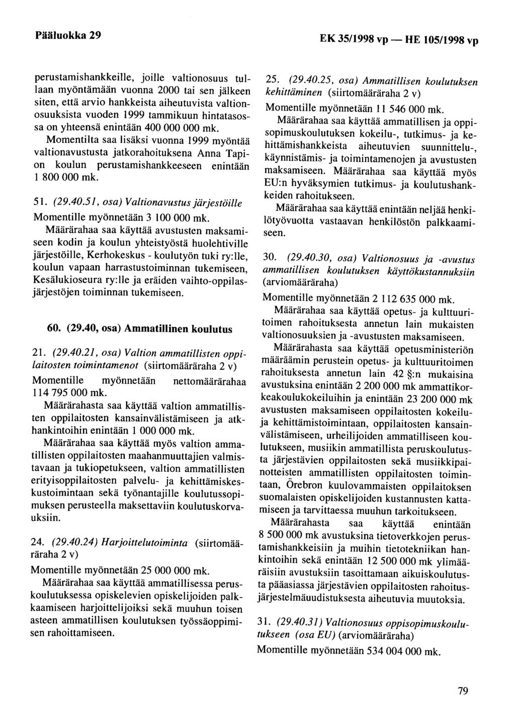Pääluokka 29 EK 35/1998 vp- HE 105/1998 vp perustamishankkeille, joille valtionosuus tullaan myöntämään vuonna 2000 tai sen jälkeen siten, että arvio hankkeista aiheutuvista valtionosuuksista vuoden
