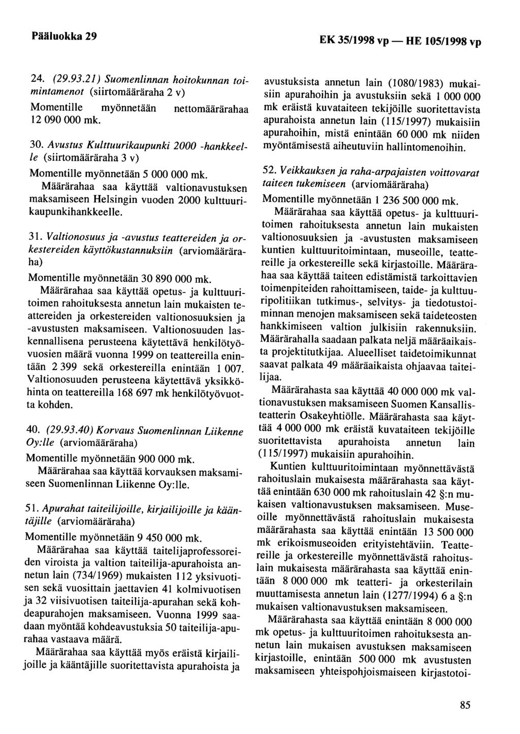 Pääluokka 29 EK 35/1998 vp- HE 105/1998 vp 24. (29.93.21) Suomenlinnan hoitokunnan toimintamenot (siirtomääräraha 2 v) 12 090 000 mk. 30.
