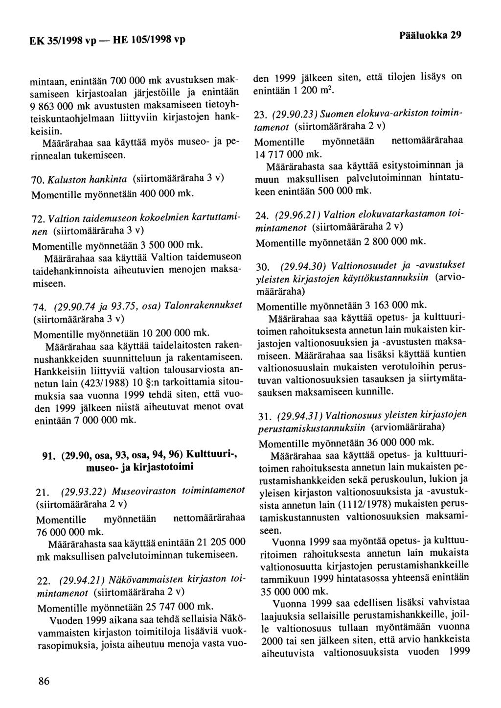 Pääluokka 29 mintaan, enintään 700 000 mk avustuksen maksamiseen kirjastoalan järjestöille ja enintään 9 863 000 mk avustusten maksamiseen tietoyhteiskuntaohjelmaan liittyviin kirjastojen hankkeisiin.