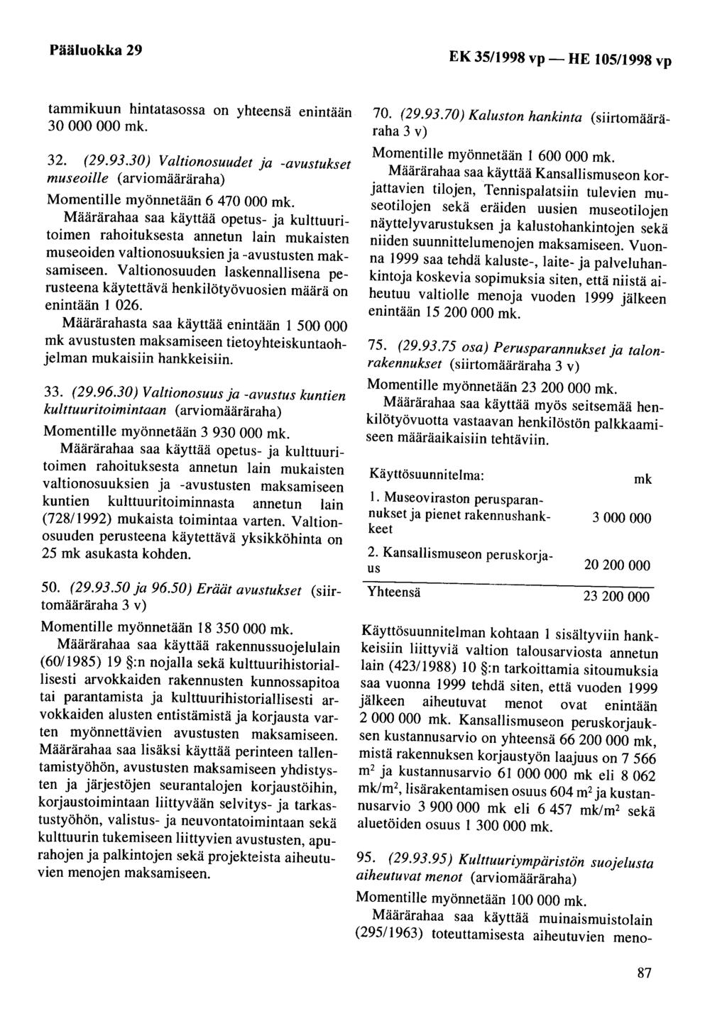 Pääluokka 29 EK 35/1998 vp- HE 105/1998 vp tammikuun hintatasossa on yhteensä enintään 30 000 000 mk. 32. (29.93.
