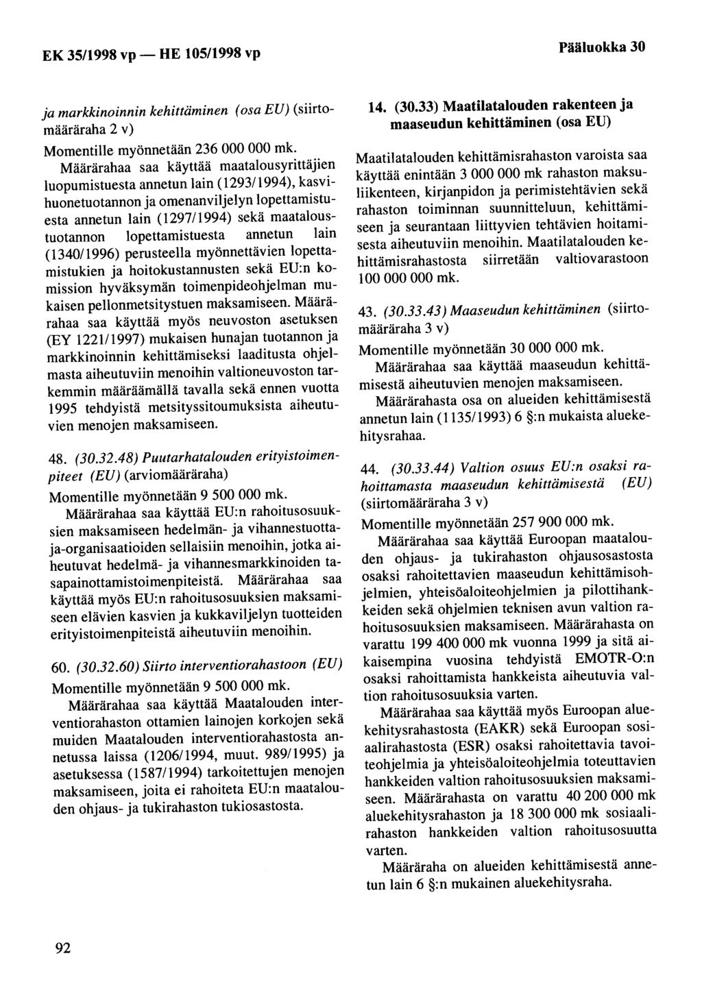 Pääluokka 30 ja markkinoinnin kehittäminen (osa EU) (siirtomääräraha 2 v) Momentille myönnetään 236 000 000 mk.
