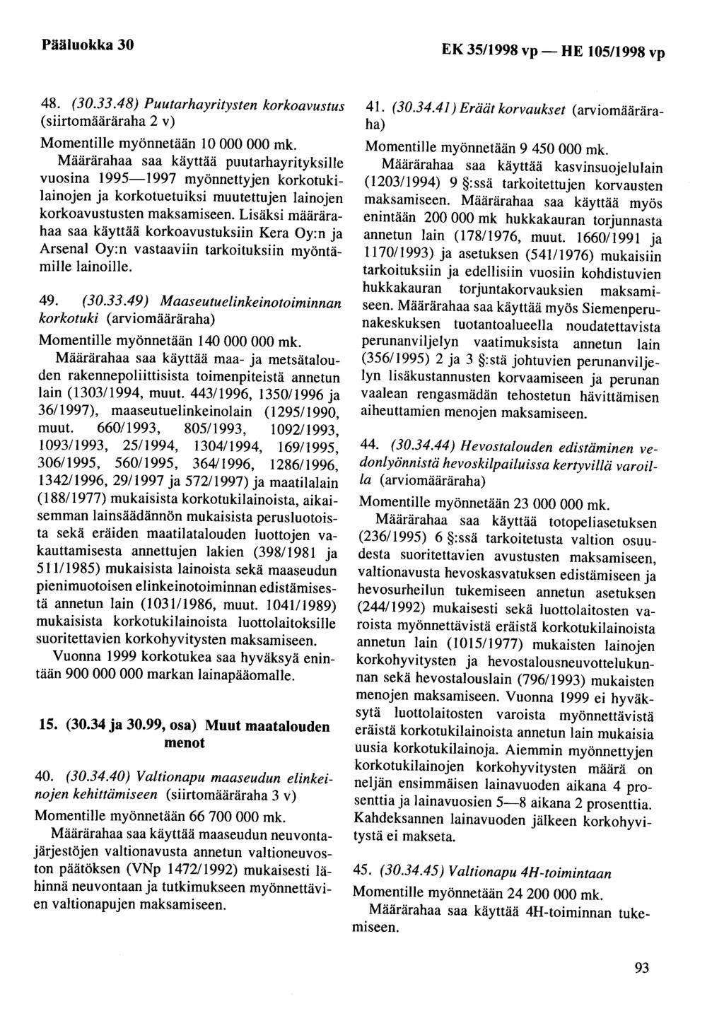 Pääluokka 30 EK 35/1998 vp- HE 105/1998 vp 48. (30.33.48) Puutarhayritysten korkoavustus (siirtomääräraha 2 v) Momentille myönnetään 10 000 000 mk.