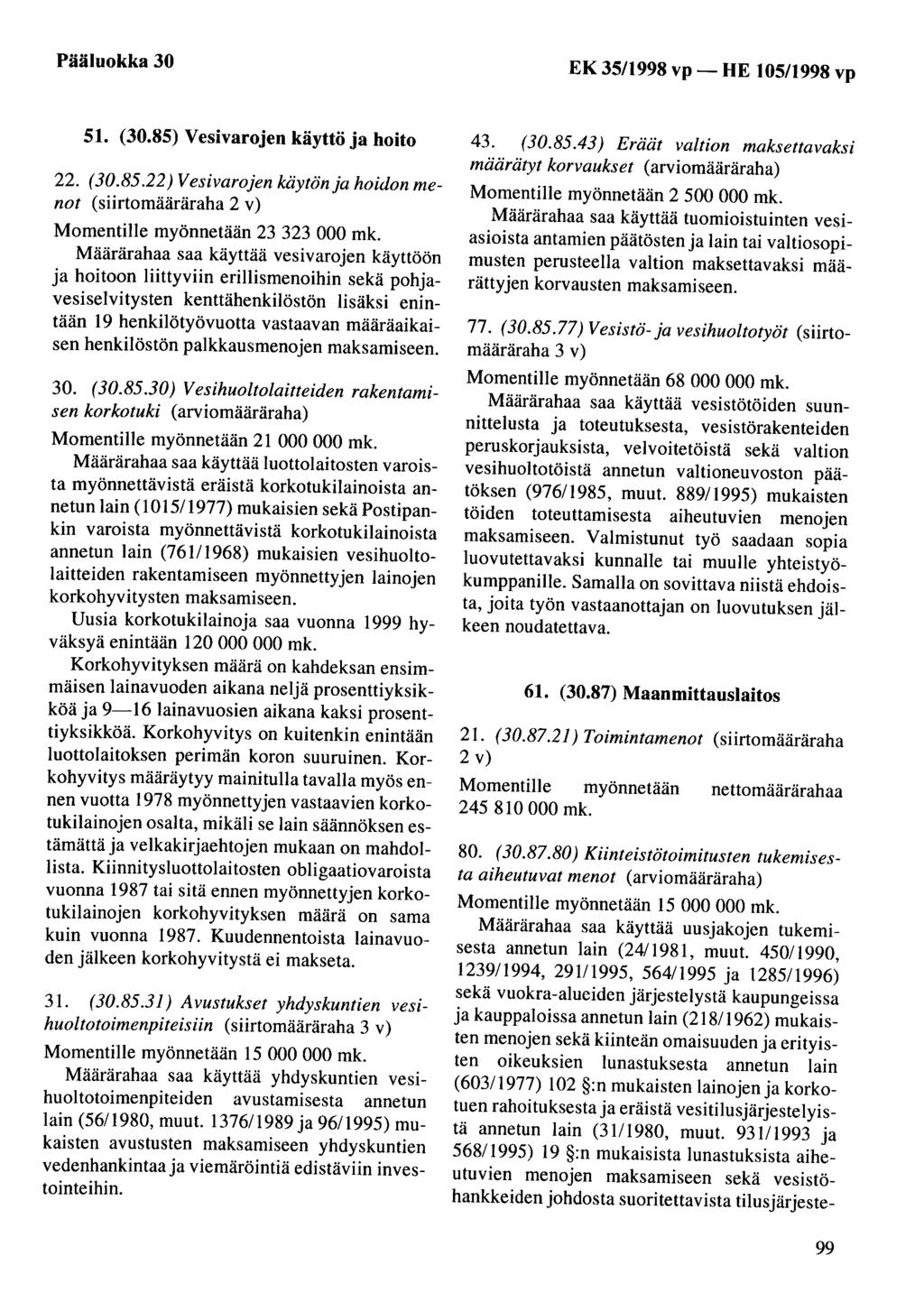 Pääluokka 30 EK 35/1998 vp- HE 105/1998 vp 51. (30.85) Vesivarojen käyttö ja hoito 22. (30.85.22) Vesivarojen käytön ja hoidon menot (siirtomääräraha 2 v) Momentille myönnetään 23 323 000 mk.