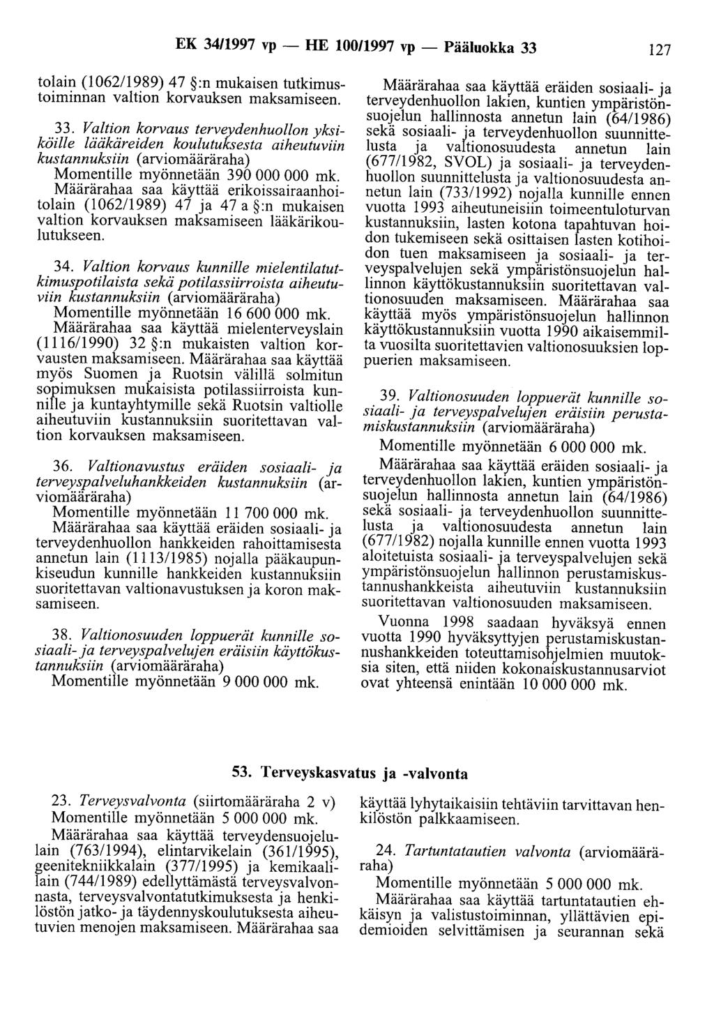 EK 34/1997 vp - HE 100/1997 vp - Pääluokka 33 127 tolain (106211989) 47 :n mukaisen tutkimustoiminnan valtion korvauksen maksamiseen. 33. Valtion korvaus terveydenhuollon yksiköille lääkäreiden koulutuksesta aiheutuviin kustannuksiin ( arviomääräraha) Momentille myönnetään 390 000 000 mk.