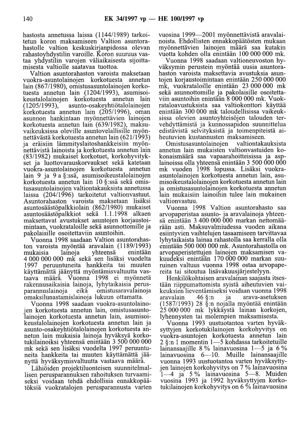 140 EK 34/1997 vp- HE 100/1997 vp hastosta annetussa laissa (1144/1989) tarkoitetun koron maksamiseen Valtion asuntorahastolle valtion keskuskirjanpidossa olevan rahastoyhdy.stilin varoille.