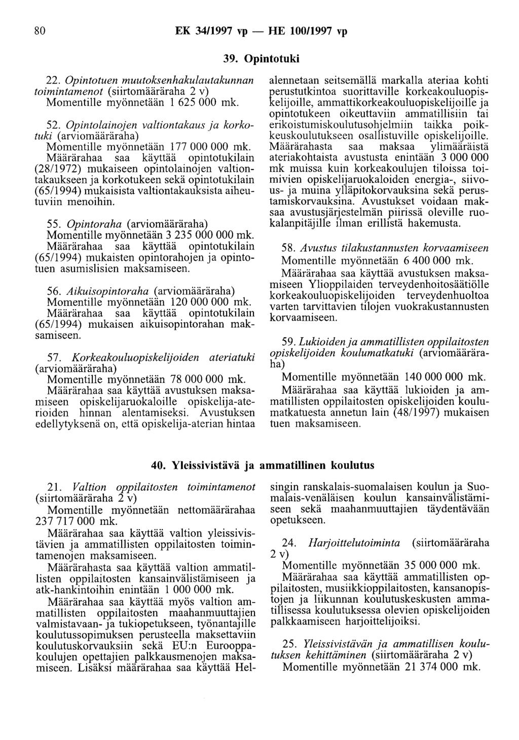 80 EK 3411997 vp -HE 10011997 vp 39. Opintotuki 22. Opintotuen muutoksenhakulautakunnan toimintamenot (siirtomääräraha 2 v) Momentille myönnetään 1 625 000 mk. 52.
