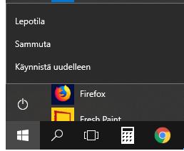 K o n e e n l u k i t s e m i n e n Koneen sammuttaminen alkaa epäloogisesti Käynnistä valikosta. Valitse sieltä virtakuvake. Jolloin avautuu oheinen valikko, josta valitaan haluttu toiminto.