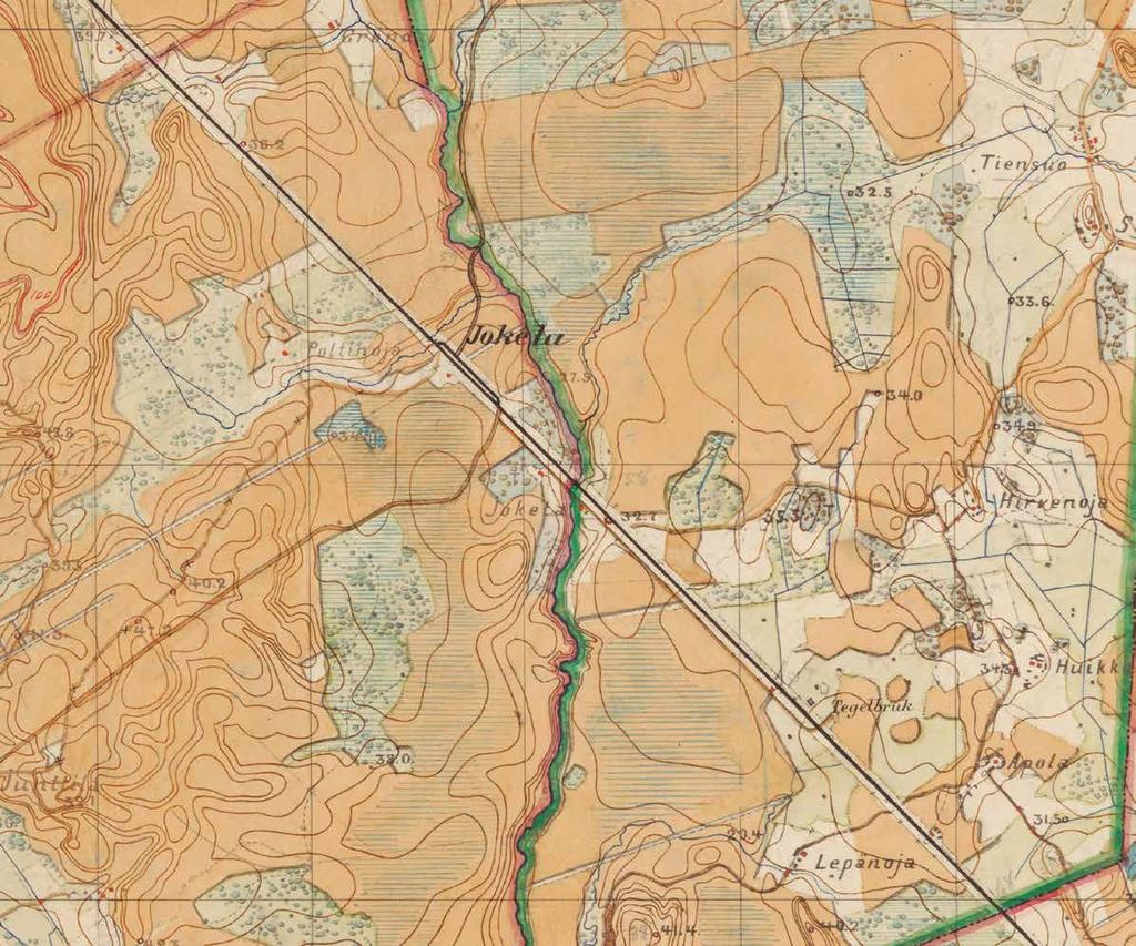 11 Jokelan seutua noin vuonna 1870; Huikossa on pieni tiilitehdas (tegelbruk), joka ei liity Jokelan