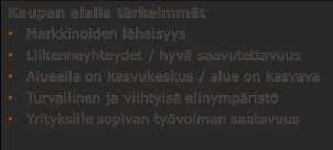 yritykselle sopivan työvoiman saatavuus, markkinoiden läheisyys, alueella on kasvukeskus / alue on kasvava, turvallinen ja viihtyisä elinympäristö.
