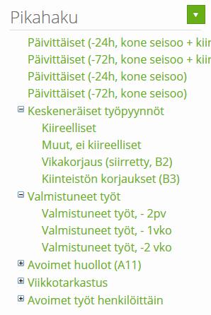 25 6.2.4 Pikahaut Työaikataulunäkymään määriteltiin erilaisia pikahakuehtoja, joka helpottaa avointen töiden sekä työhistorian