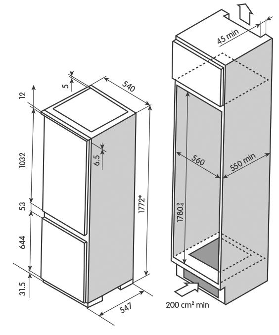 Energiankulutus 293 kwh/vuosi Mitat 1772 x 540 x 547 mm 45 min 5 540 31.5 644 53 1032 12 6.