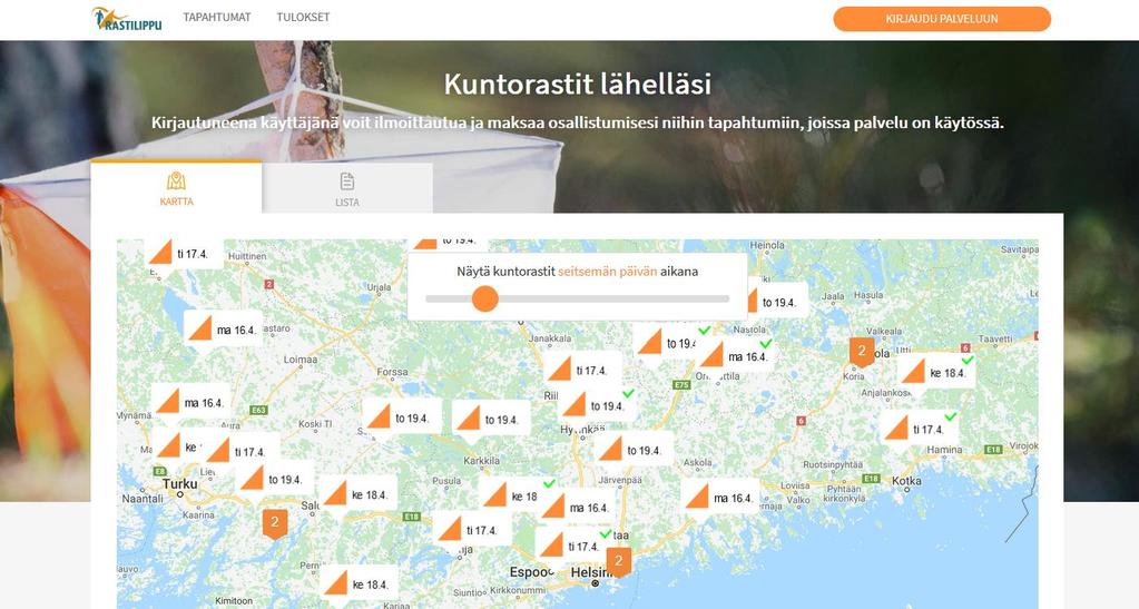 2. Selaa tapahtumia Kun sallit laitteen paikannustiedot: Kartta zoomautuu oman olinpaikkasi lähelle. Voit siirrellä karttaa haluamaasi suuntaan ja laajentaa tai supistaa näkyvää aluetta.