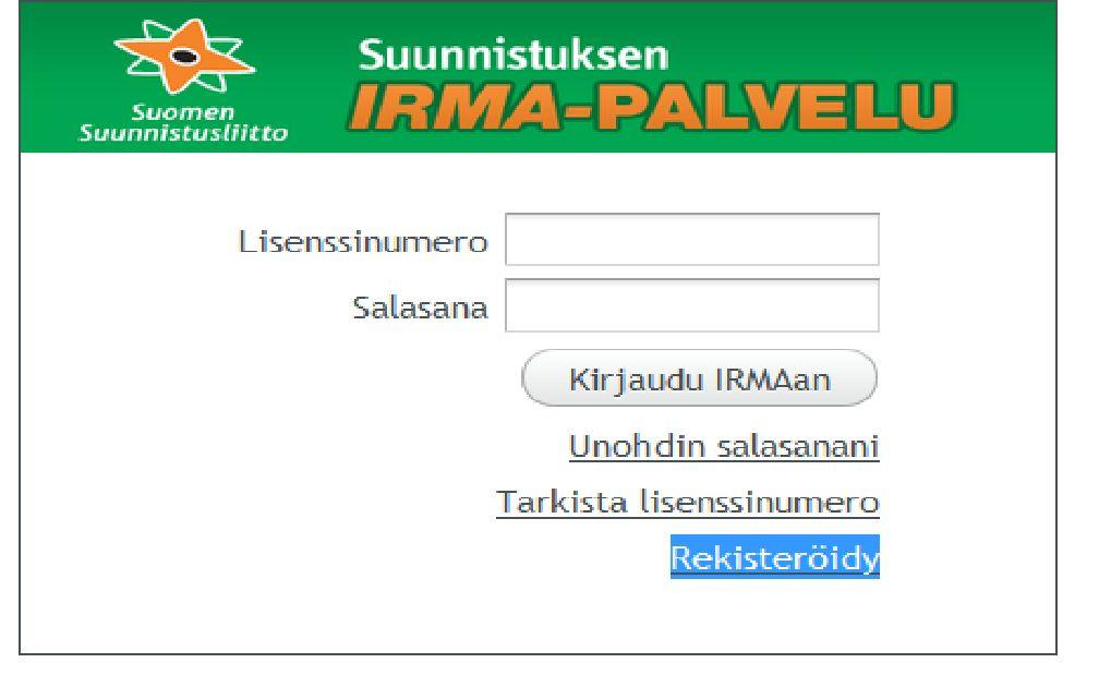 Uusi suunnistaja klikkaa Rekisteröidy linkkiä ja