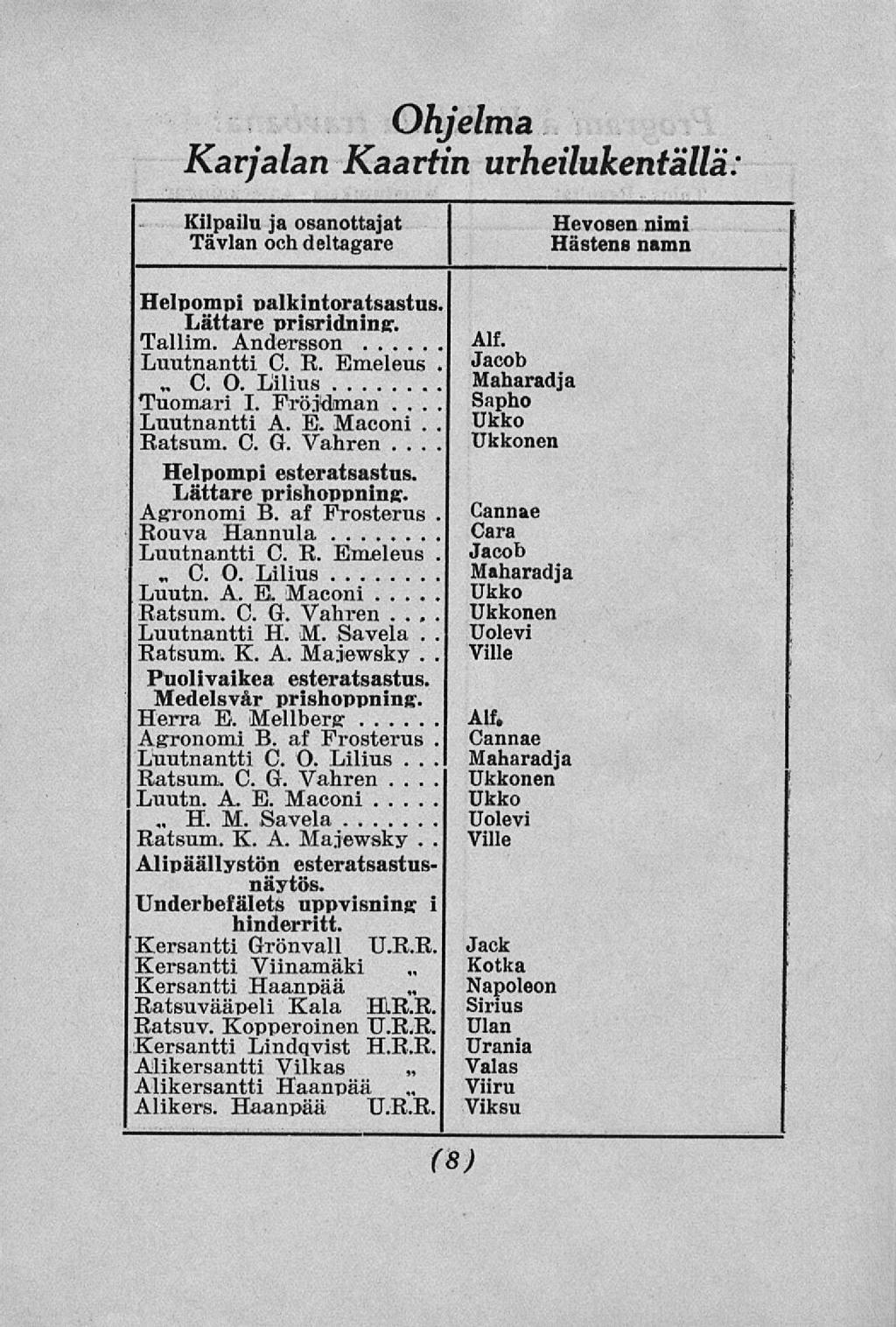 C. H.... Karjalan O/l/elma Xilpllilu i» onott»j»t Hevosen nimi Hästens namn Helpompi palkintoratsastus. Lättare prisridning-. Tallim. Andersson Luutnantti C. K. Emeleus C. 0. Lilius Tuomari I.