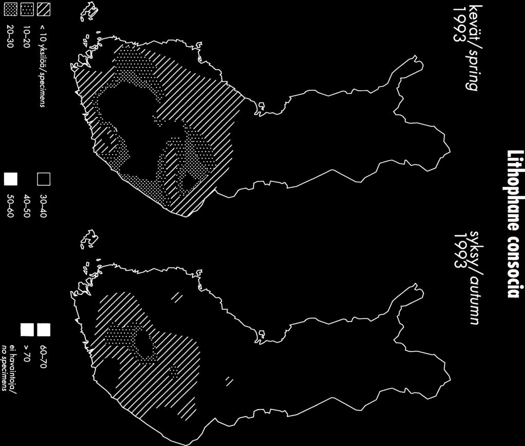 Lithophane consocia kevät/spring syksy/autumn < 1 yksilöä/specimens 3-4 O 6 7 1 2 4-5 O >7 2 3 5 6 ei havaintoja/ no specimens Kuva 2.15 Tumman puuyökkösen 1992 kanta keväällä. Figure 2.