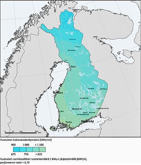 9 vuoden aikana noin 980 kwh/m 2 ja Sodankylässä vastaava säteilymäärä on 790 kwh/m 2.