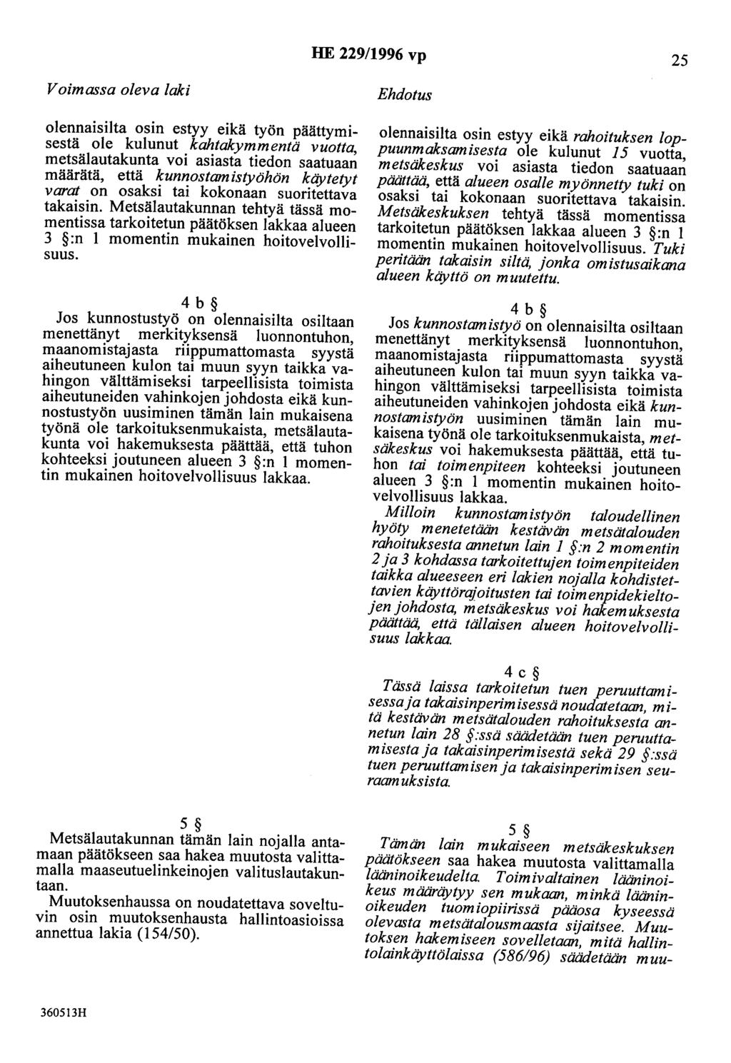 HE 229/1996 vp 25 Voimassa oleva laki olennaisilta osin estyy eikä työn päättymisestä ole kulunut kahtakymmentä vuotta, metsälautakunta voi asiasta tiedon saatuaan määrätä, että kunnostamistyöhön