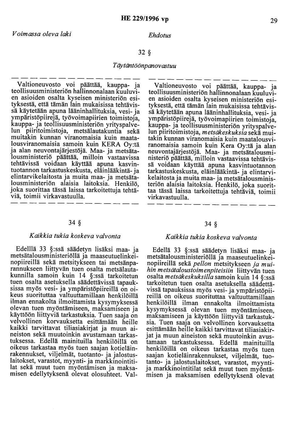 HE 229/1996 vp 29 Voimassa oleva laki Ehdotus 32 Täytäntöönpanovastuu Valtioneuvosto voi päättää, kauppa- ja teollisuusministeriön hallinnonalaan kuuluvien asioiden osalta kyseisen ministeriön