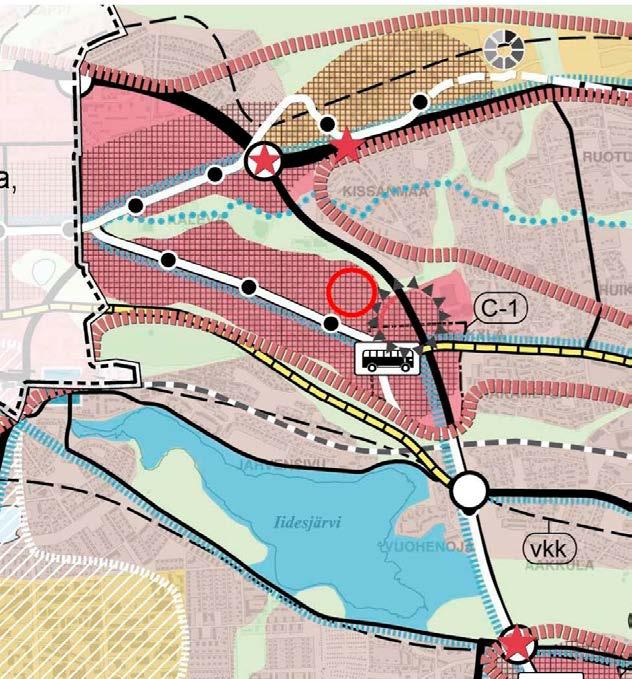 Kuva 7. Ote kantakaupungin yleiskaava 2040 kaavaehdotuksesta. Kaava-alueen karkea sijainti on merkitty karttaan punaisella renkaalla.