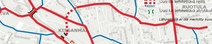 liityntäbussilinjat (sininen väri) kytkeytyvät raitiotiehen (vihreä väri).