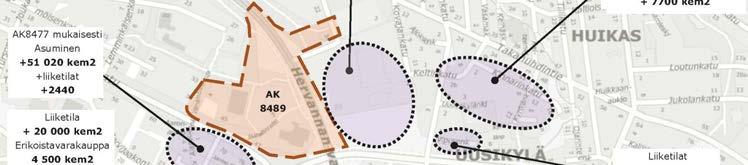 Kuvan ulkopuolelta tarkasteluissa huomioitiin Kaupin kampuksen (TAYS:n alue) laajeneminen.