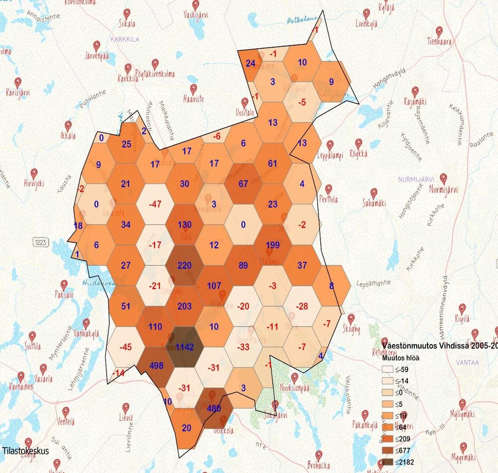 VIHDIN SISÄINEN VÄESTÖN- KEHITYS VUOSINA 2005-2016 Kartan jokaiseen kennoon on paikkatiedon avulla muodostettu 10 neliökilometrin alue, johon on summattu jokaisen Vihdin alueen sisällä asuva väestö