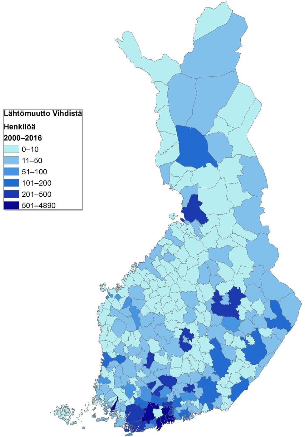 VIHDIN LÄHTÖMUUTTO KUNNITTAIN 2000 2016 Vihdistä tehtiin yhteensä 26 114 lähtömuuttoa vuosina 2000 2016 eli keskimäärin 1 536 lähtömuuttoa vuodessa.