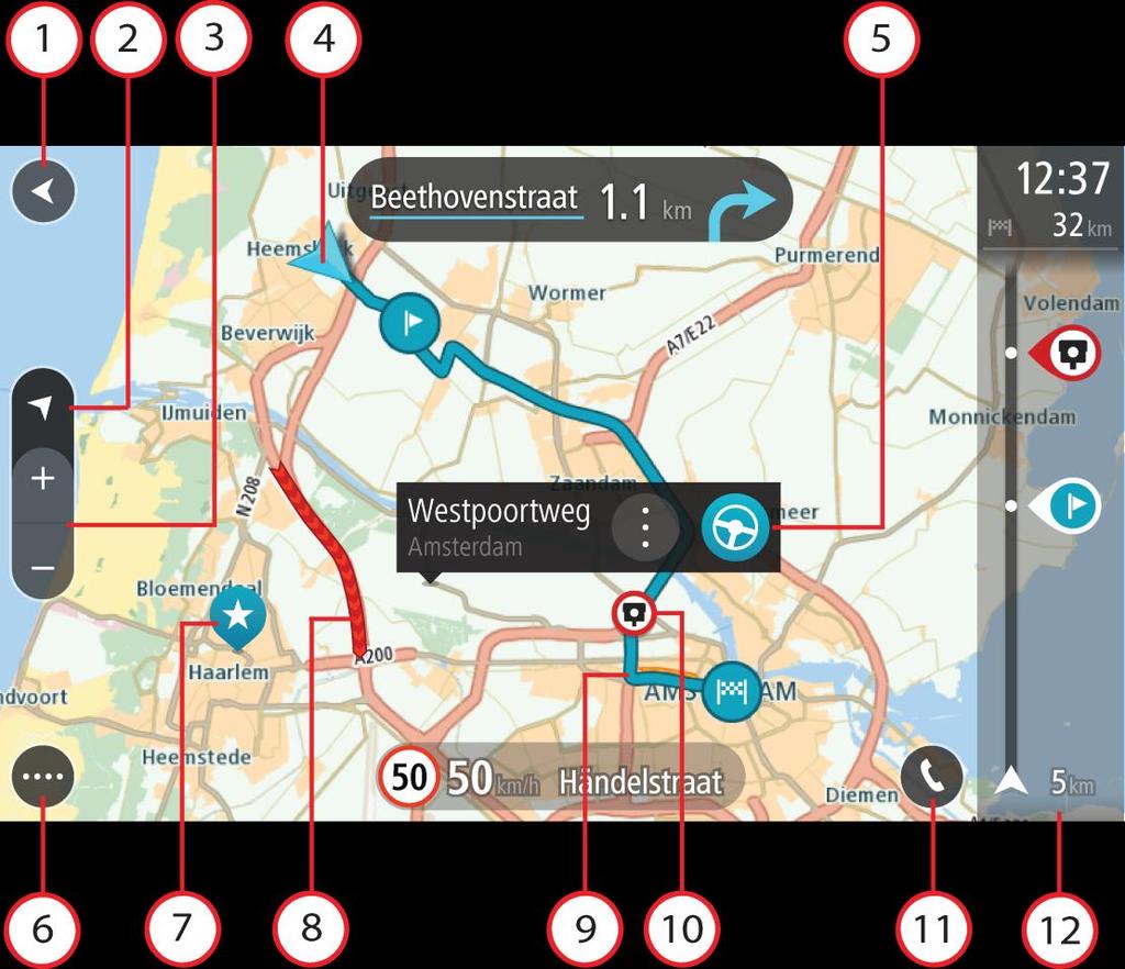 Näytössä näkyvät tiedot Karttanäkymä Karttanäkymä näkyy silloin, kun reittiä ei ole suunniteltu. Nykyinen sijaintisi tulee näkyviin heti, kun GO PROFESSIONAL löytää GPS-sijaintisi.