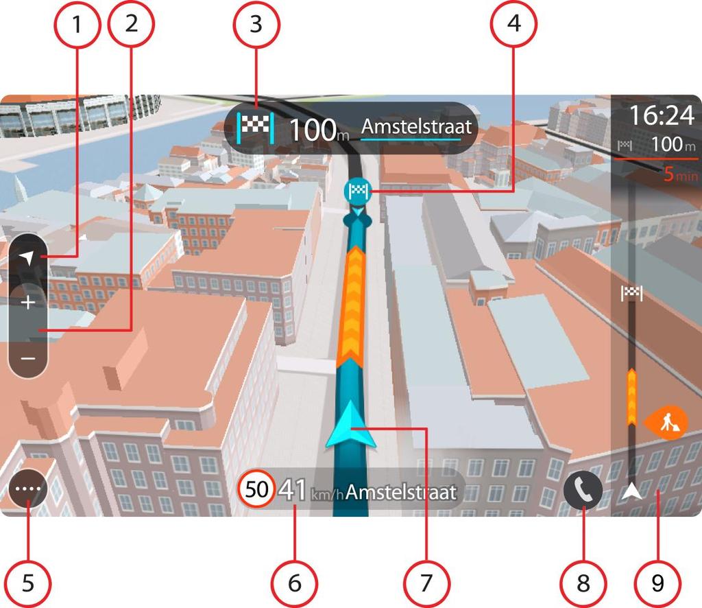 9. Reittisi, jos olet suunnitellut reitin. Tyhjennä reitti, muuta reittityyppiä, lisää pysähdys tai tallenna muutokset reittiin valitsemalla reitti. 10. Nopeuskamerat ja vaaravyöhykkeet reitillä.