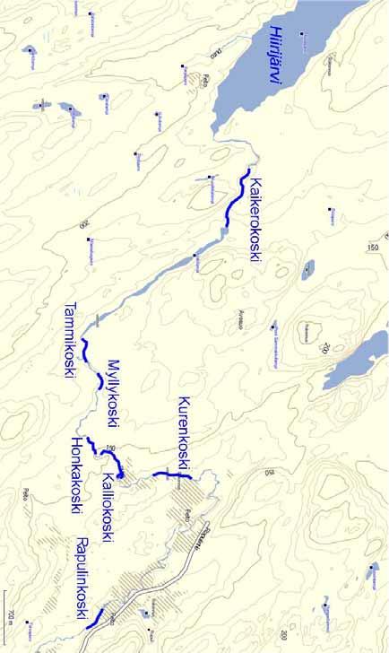 Yleiskartta Hiirenjoen yläosien koskialueiden sijainnista.
