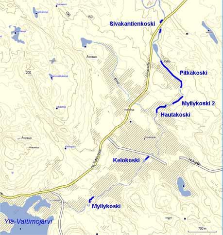 Yleiskartta Sivakkajoen alaosien koskialueiden sijainnista.