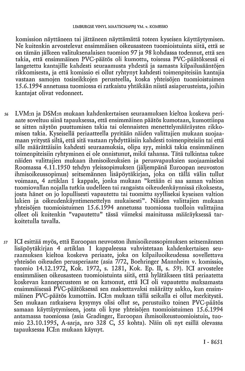 LIMBURGSE VINYL MAATSCHAPPIJ YM. v. KOMISSIO komission näyttäneen tai jättäneen näyttämättä toteen kyseisen käyttäytymisen.