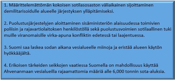 94 Kuva 5: Suomen sotilaalliset toimintamahdollisuudet Ahvenanmaan puolustamiseksi vuoden 1921 demilitarisointisopimuksen perusteella Tutkimuksessa ilmeni jopa hieman yllättäen, kuinka keskeinen