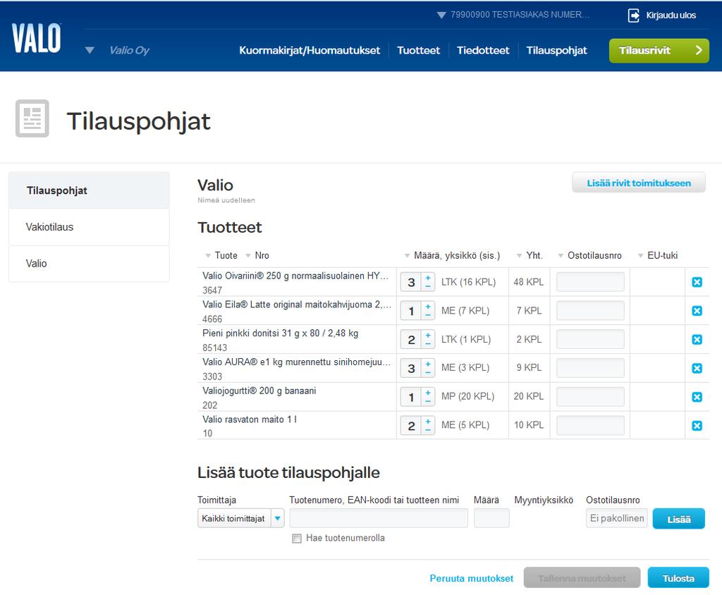 Tilauspohjat (2/) Voit lisätä tilauspohjalle tuotteita kuten ostoskorilla, syöttämällä osan tuotteen nimeä tai tuotenumeron.