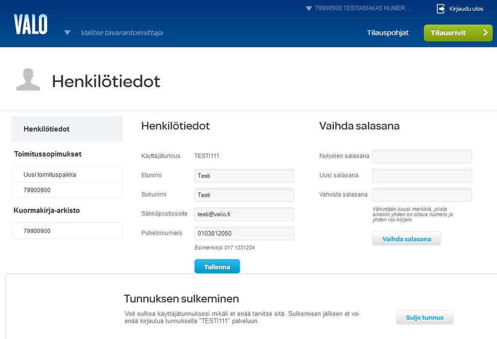 Omat tiedot (2/7) Henkilötiedot Henkilötiedot -sivulla voit 1. Muuttaa henkilötietojasi 2. Vaihtaa salasanan. Hakea tilauslupaa uudelle toimituspaikalle 4. Tarkastella toimitussopimuksia 5.