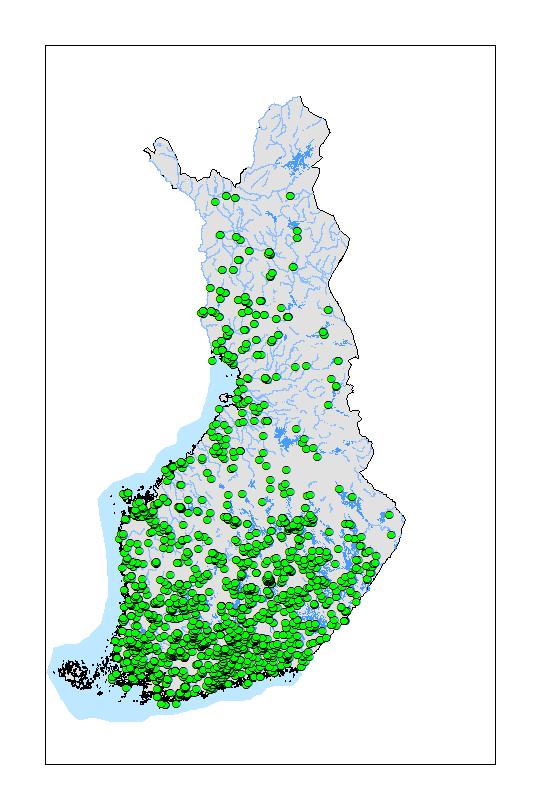 Kuva 6.1. Yleisöltä saatuja supikoirahavaintoja vuosilta 2016 2018 (Luke ja Suomen riistakeskus).