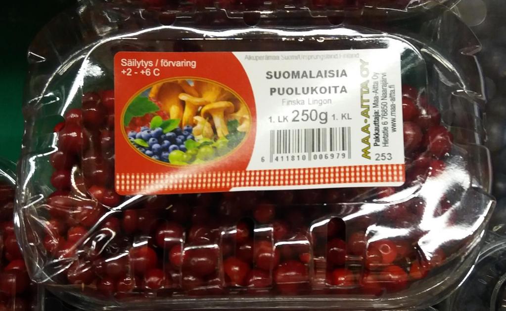 Esimerkki: Puolukat suljetussa pakkauksessa (Yleiset merkintävaatimukset ja kasvisten kaupanpitämisen yleisvaatimukset) Puolukoita 250 g Alkuperämaa: Suomi Pakkaaja: Yritys Oy, Yritystie 1, 00000