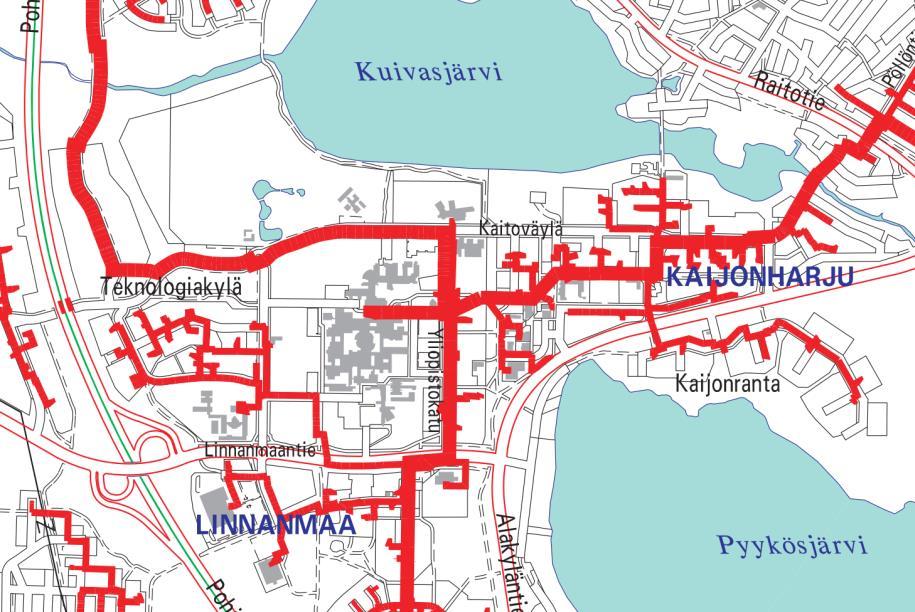 Kaukolämpöverkko Alueen nykyiset rakennukset on liitetty kaukolämpöverkkoon. Verkon mitoitus alueella mahdollistaa rakennusmassojen lisäämisen ja uusien rakennusten liittämisen verkkoon.