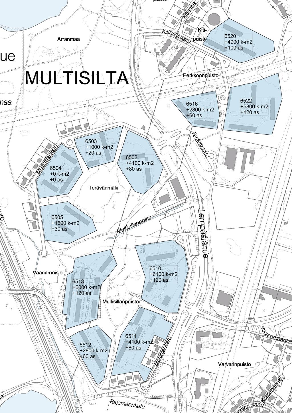 Kuva 11. Multisillan nykyisten asuinkortteleiden täydennysrakentaminen.