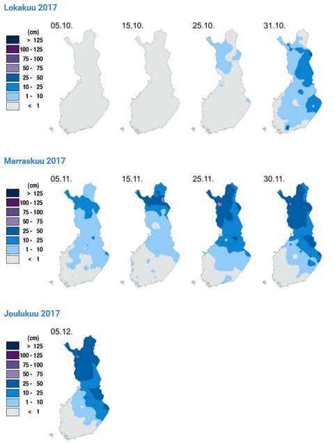 Savo-Karjalan Ympäristötutkimus Oy Kuvassa 4 on esitetty lumitilanne marras-joulukuussa 217. Kuva 4. Lumen esiintyminen loka-joulukuussa 217. 2.2. Virtaamat ja vesivarat Kuluneena vuonna Pohjois-Karjalassa satoi kesällä normaalia vähemmän.