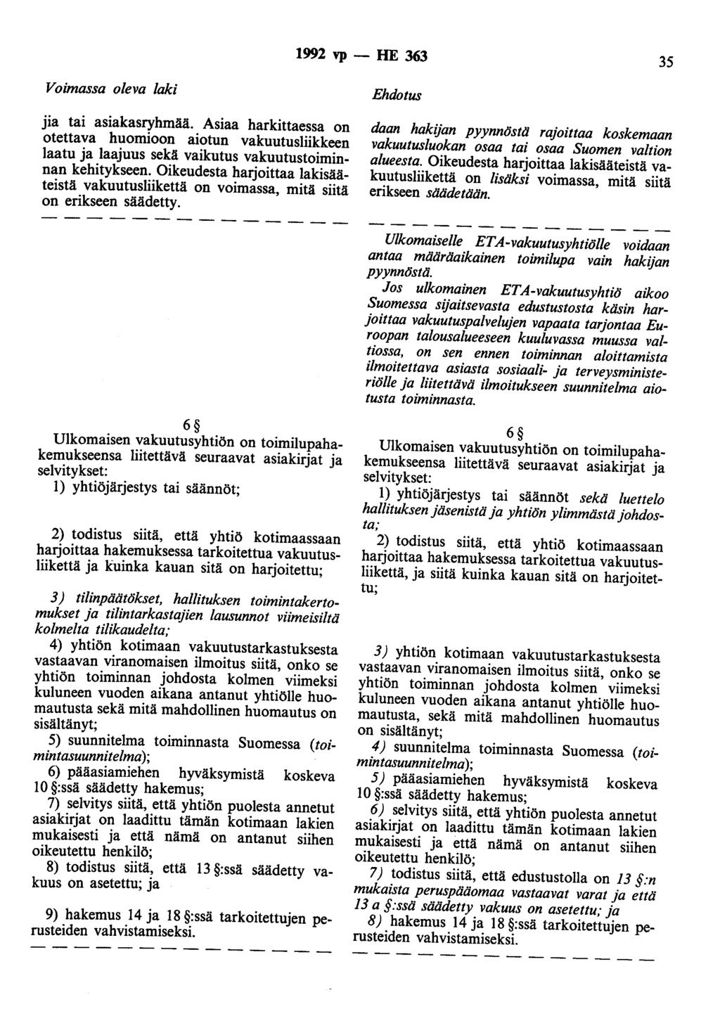 1992 vp - HE 363 35 Voimassa oleva laki jia tai asiakasryhmää. Asiaa harkittaessa on otettava huomioon aiotun vakuutusliikkeen laatu ja laajuus sekä vaikutus vakuutustoiminnan kehitykseen.